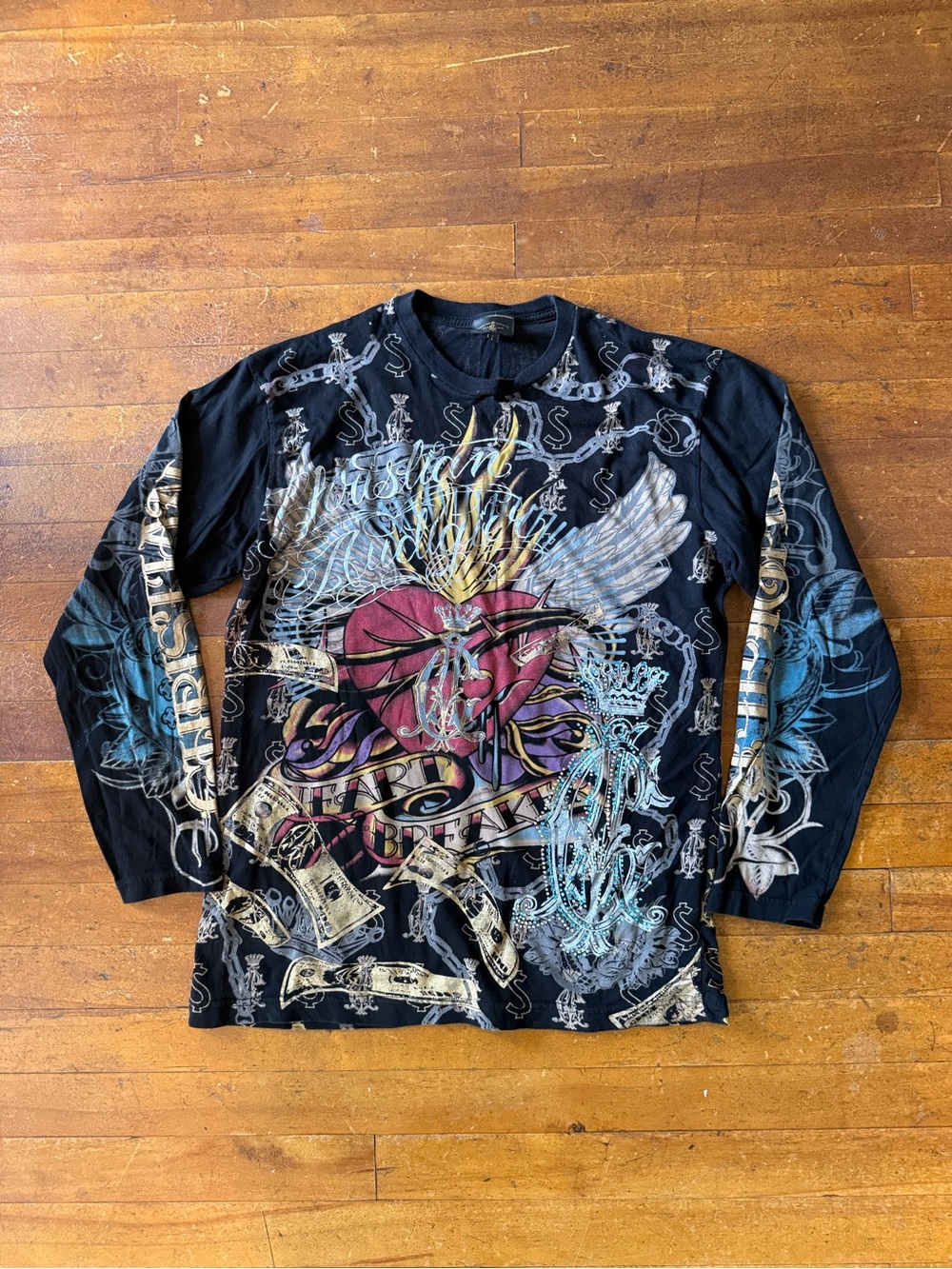 Christian Audigier Y2K Black Graphic Long-Sleeve Shirt with Winged Heart Design